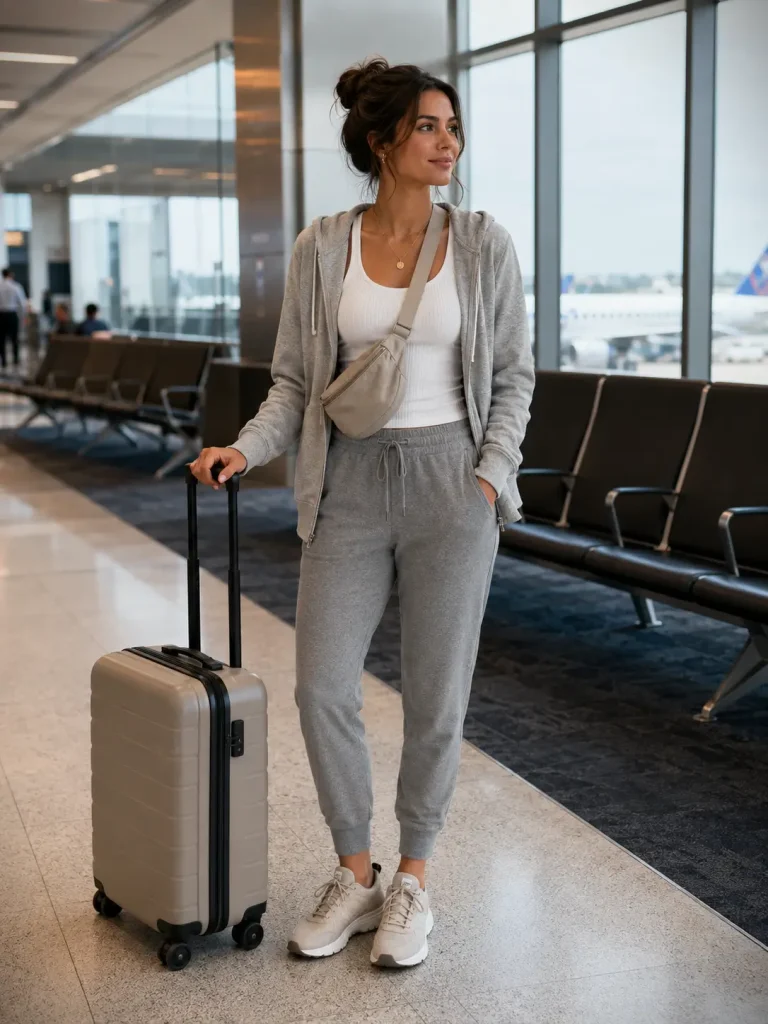 Woman near an airport gate wearing gray joggers, a white ribbed tank top, zip hoodie, sneakers, and crossbody bag with a carry-on nearby.