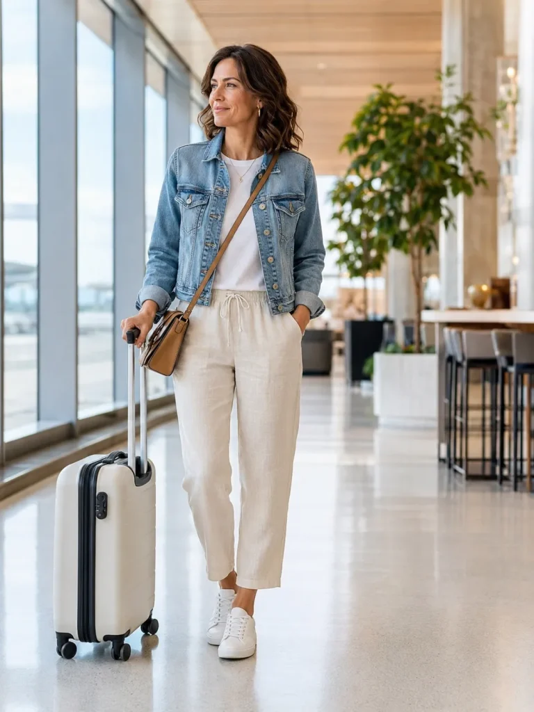Pull-on linen pants styled with a cotton tee, denim jacket, sneakers, and crossbody bag.