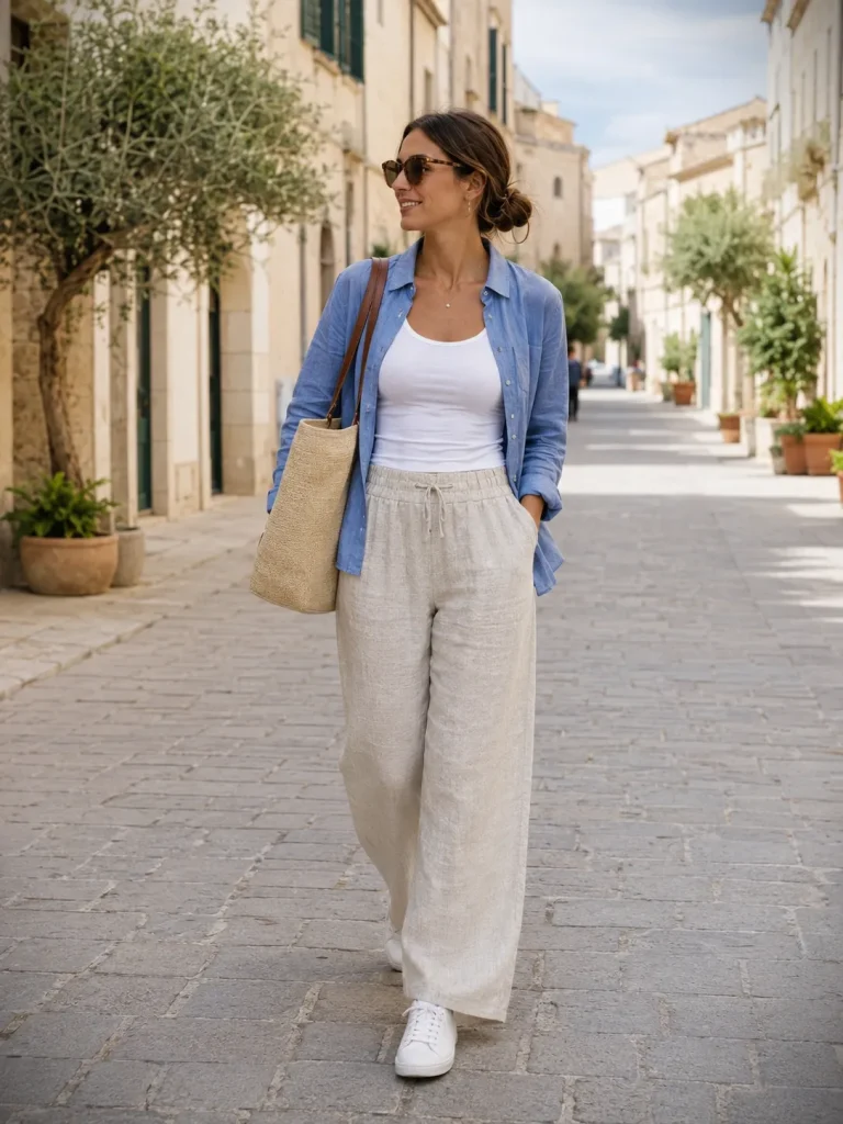 Linen pants styled with a fitted tank, open blue button-down shirt, sneakers, and tote bag.