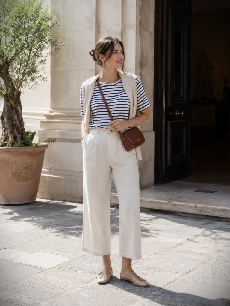 Cropped linen pants styled with a striped tee, lightweight cardigan, ballet flats, and crossbody bag.