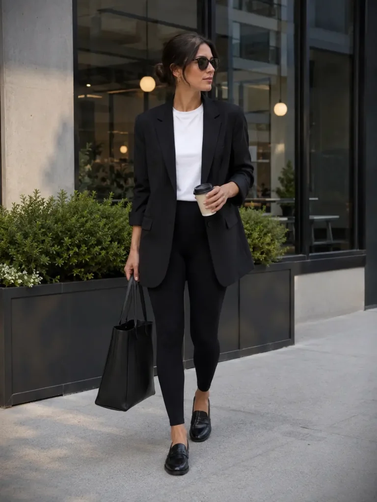 Woman wearing black leggings, white tee, oversized blazer, loafers, and structured tote outside a coffee shop.