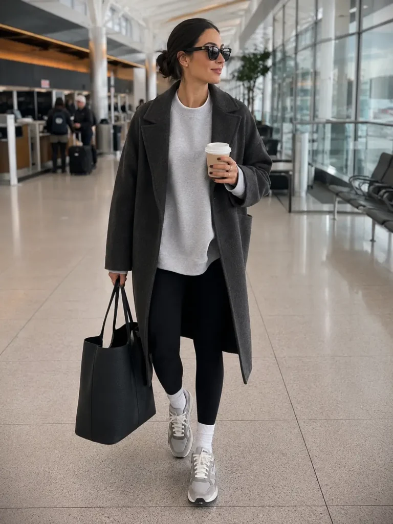 Woman wearing black leggings, gray oversized sweatshirt, wool-look coat, retro sneakers, and tote bag