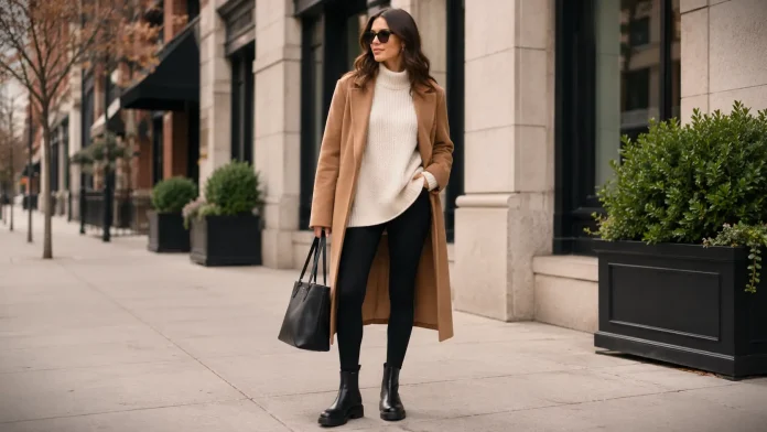 Black Leggings Outfit ideas for woman with black leggings, oversized cream sweater, camel coat, Chelsea boots, and structured tote on a clean city sidewalk.