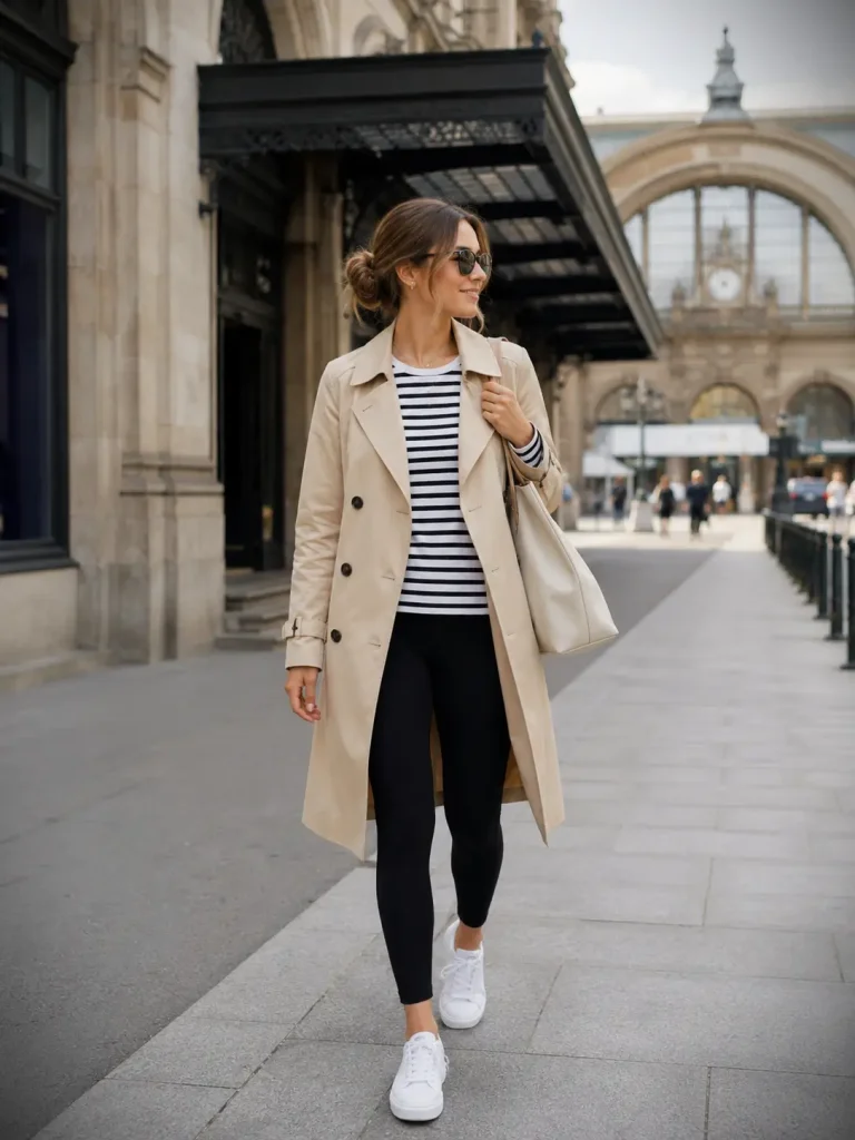 Woman wearing black leggings, striped top, beige trench coat, white sneakers, and tote on a city street.