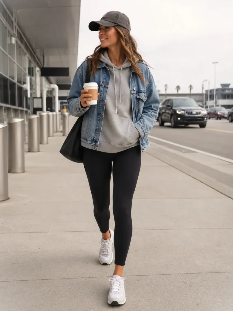 Woman wearing black leggings, gray hoodie, denim jacket, sneakers, and baseball cap for a casual weekend outfit.