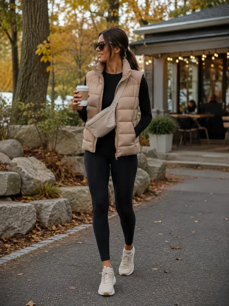 Woman wearing black leggings, long sleeve tee, tan puffer vest, sneakers, and belt bag for a fall outfit.