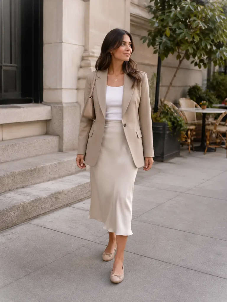 Woman wearing a neutral blazer, fitted top, midi skirt, ballet flats, and small shoulder bag.