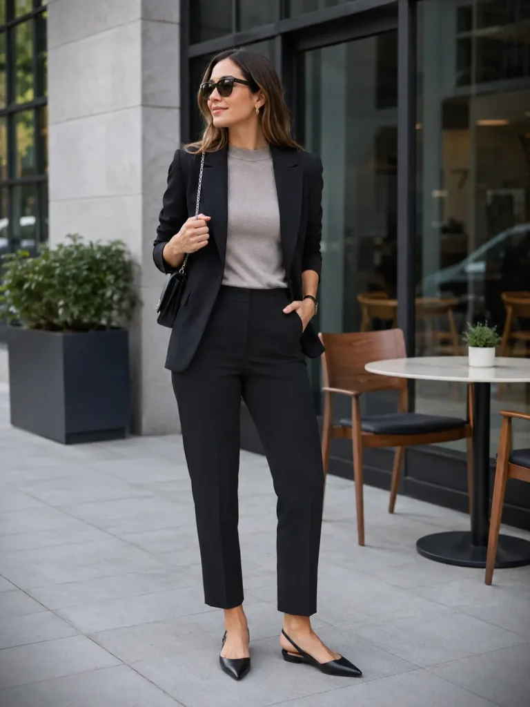 Woman wearing a black blazer, fitted knit top, ankle pants, slingback flats, and small shoulder bag.