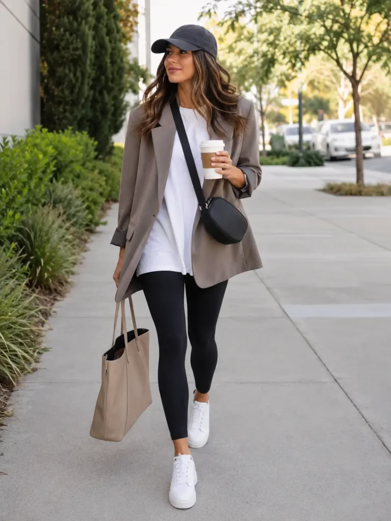 Woman wearing an oversized blazer, longline tee, black leggings, clean sneakers, baseball cap, and crossbody bag.