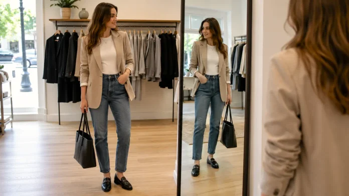 Woman wearing a neutral blazer, white tee, straight jeans, loafers, and a structured tote for a polished blazer outfit