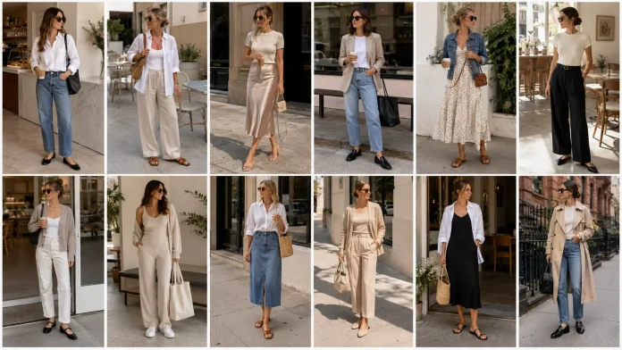 Brunch outfit ideas for women with blazers, jeans, linen pants, midi skirts, and casual weekend accessories.