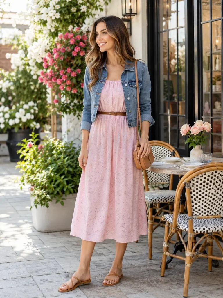Woman wearing a midi dress, denim jacket, flat sandals, slim belt, and crossbody bag for spring brunch.