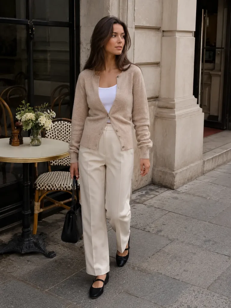 Woman wearing a beige cardigan, white tank top, straight-leg trousers, and black Mary Jane flats.