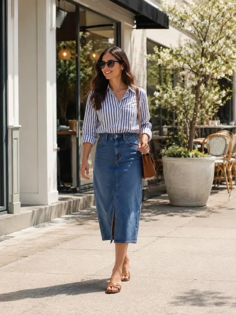 Woman wearing a denim midi skirt, striped button-down shirt, flat sandals, and small shoulder bag.