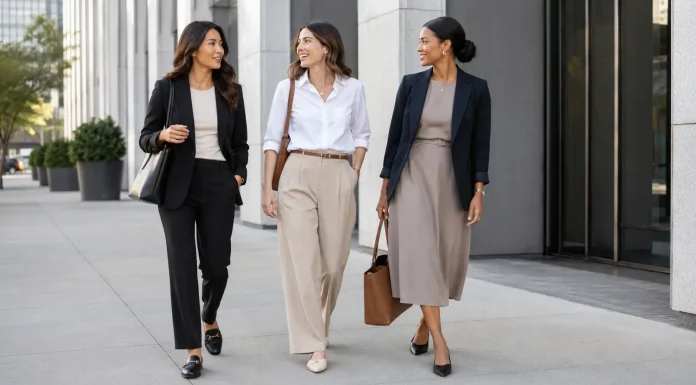 10 Business Casual Outfit Ideas Women Can Rewear All Week Business casual outfit ideas for women with blazer, trousers, loafers, and work tote