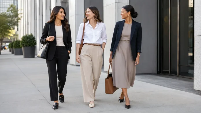 Business casual outfit ideas for women with blazer, trousers, loafers, and work tote