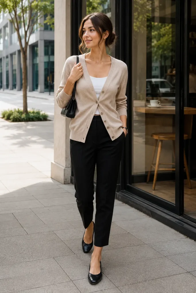 Business Casual Outfit Ideas Women, the cardigan adds softness, while ankle pants keep the outfit work-appropriate. It is comfortable but still neat.