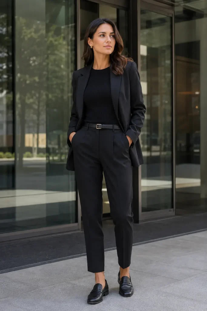Business Casual Outfit Ideas Women, one color from top to bottom looks clean and pulled together. It also makes getting dressed faster.