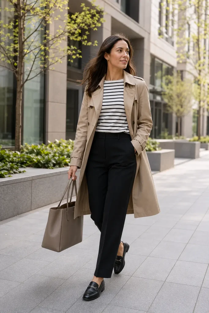 Business Casual Outfit Ideas Women, stripes add interest without feeling loud. The trench coat gives the outfit a polished outer layer.