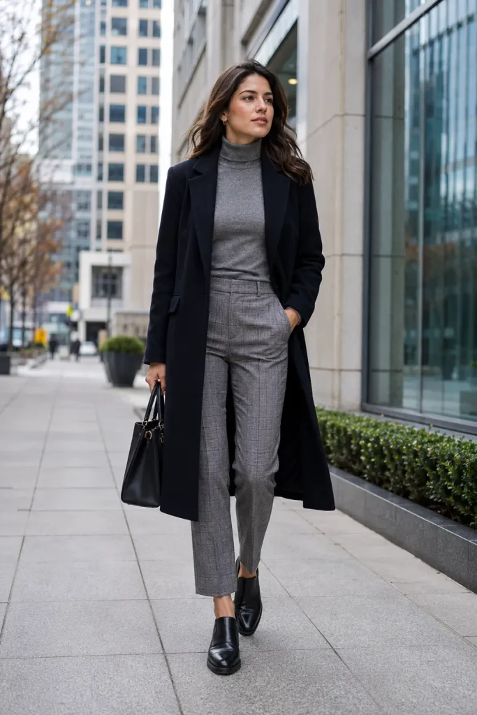 Business Casual Outfit Ideas Women, the turtleneck gives warmth without bulk. Plaid trousers add pattern while still looking work-ready.