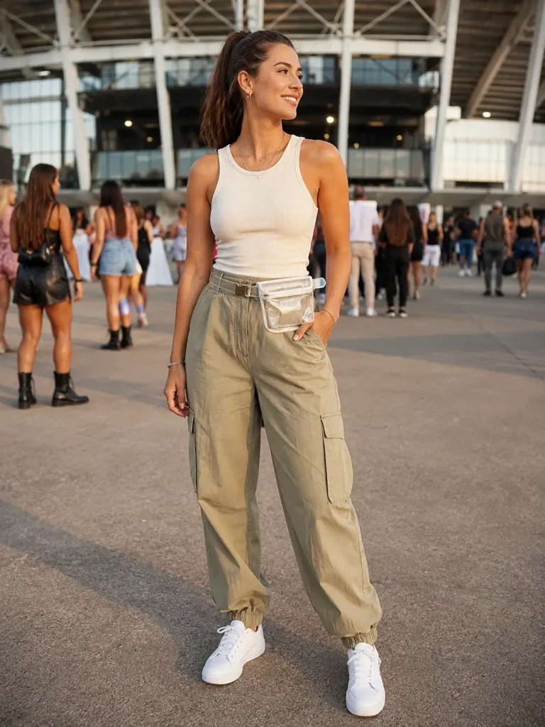 Woman wearing cargo pants, a fitted tank top, sneakers, hoop earrings, and a clear belt bag near a stadium concert entrance.