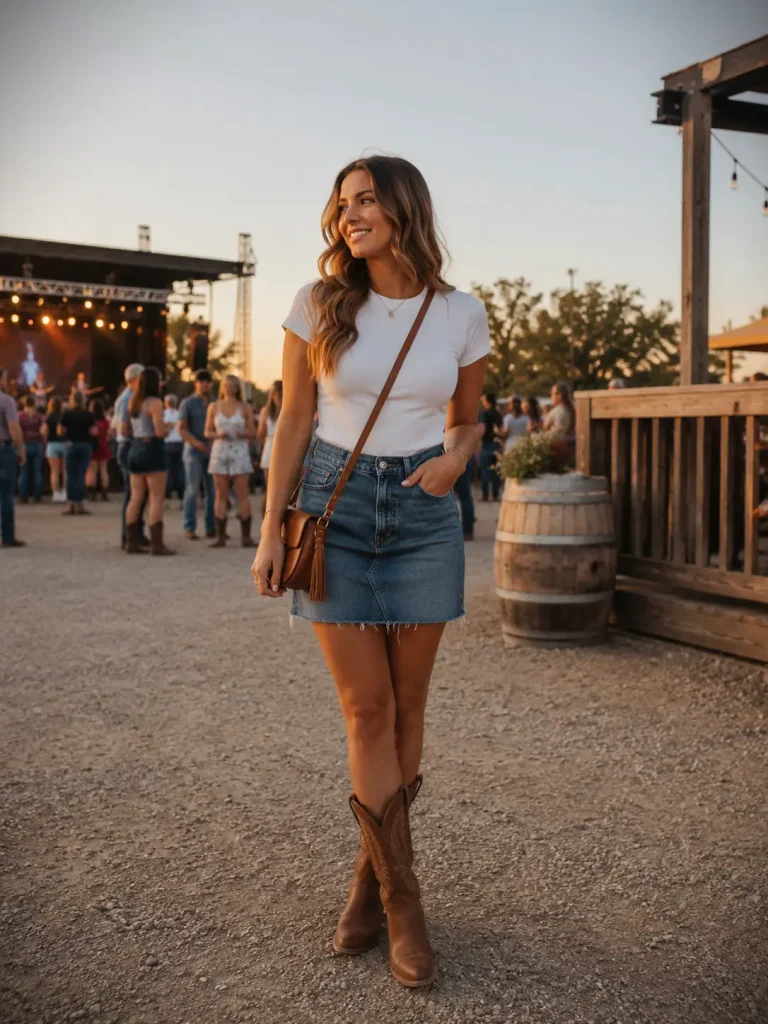 Woman wearing a fitted tee, denim skirt, cowboy boots, and small crossbody bag near an outdoor country concert venue.