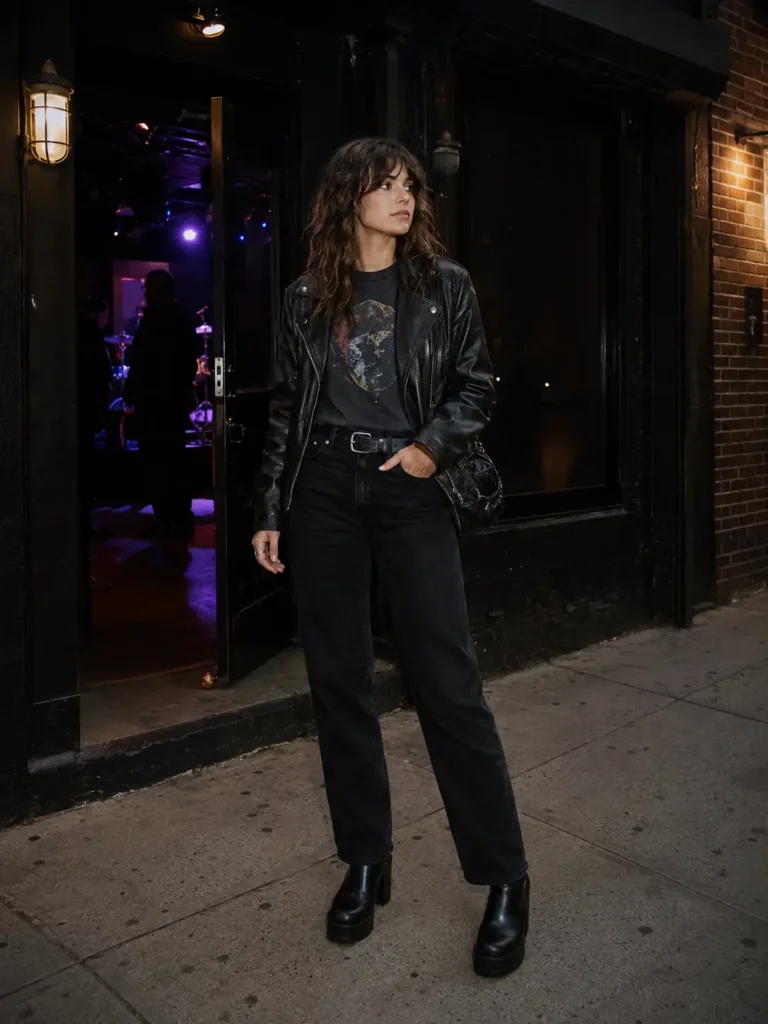 Woman wearing black jeans, a band tee, leather-look jacket, and platform boots outside a small rock concert venue.