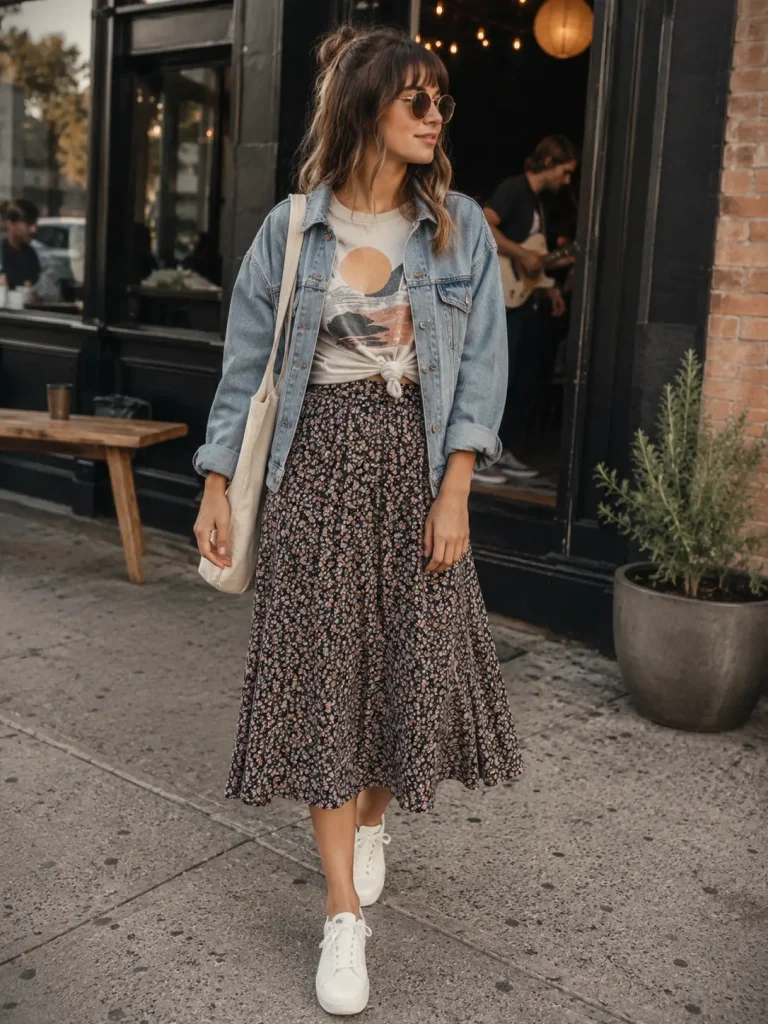 Woman wearing a printed midi skirt, knotted graphic tee, denim jacket, and sneakers outside a small indie concert venue.