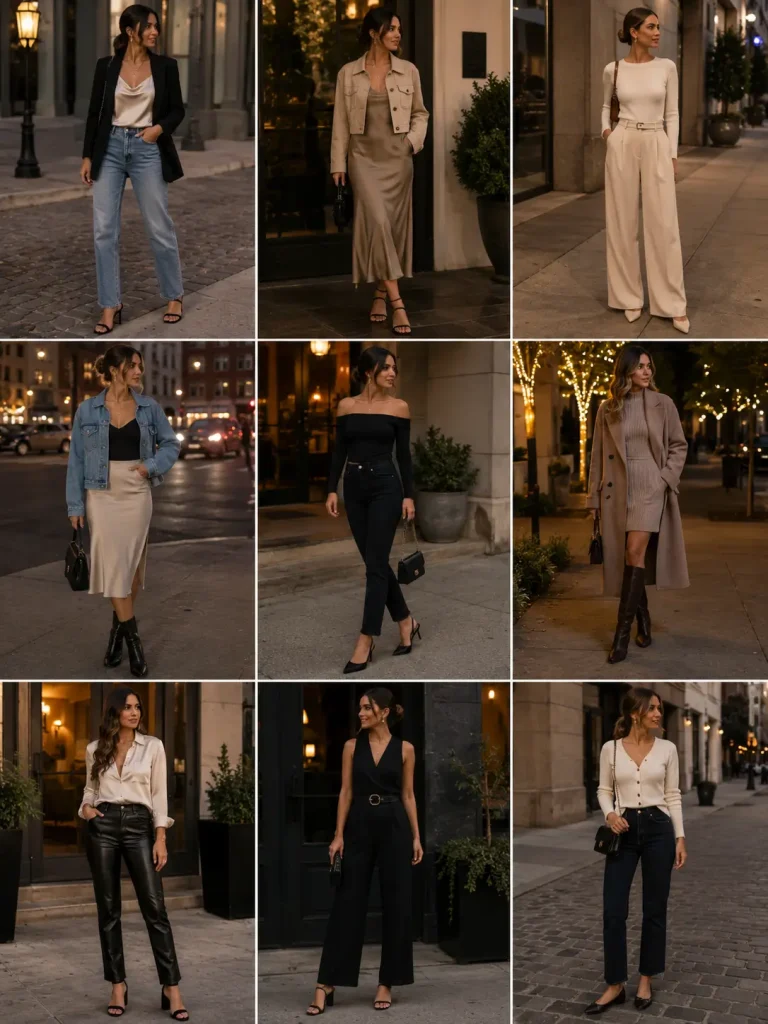 Nine date night outfit ideas for women in a neutral evening fashion collage