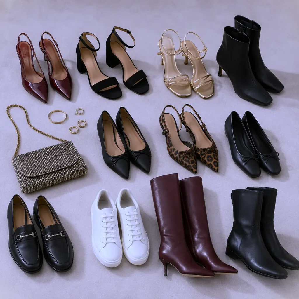 Date night shoes for women including heels, flats, boots, loafers, sneakers, and jewelry