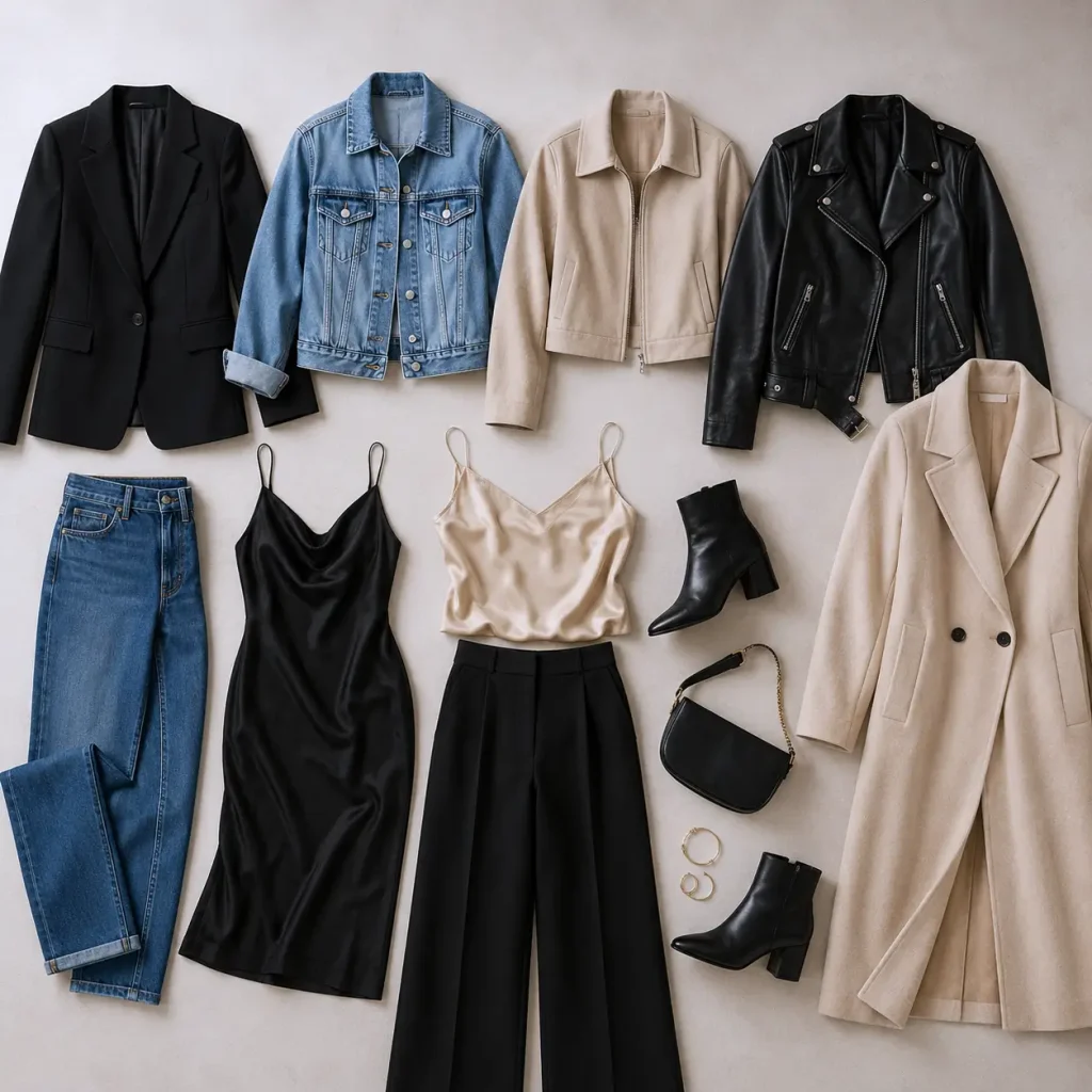 Date night jackets and layers including blazer, denim jacket, leather jacket, long coat, and boots