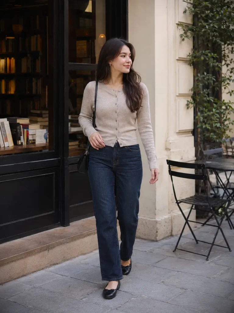 Woman wearing a fitted cardigan, dark straight-leg jeans, ballet flats, and mini bag