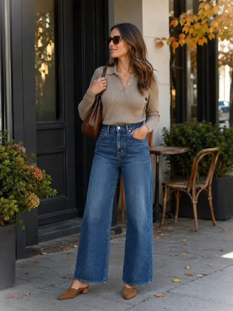 Woman wearing a knit polo, wide-leg jeans, mules, and shoulder bag for a relaxed mid-fall outfit.