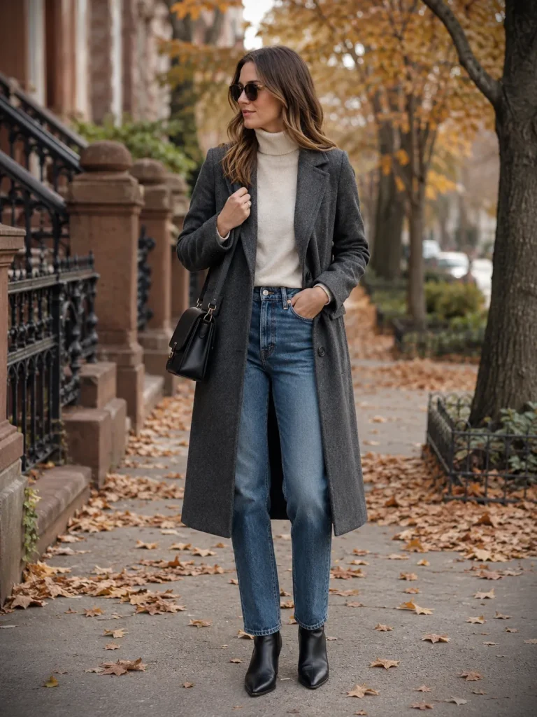 Woman wearing a fitted turtleneck, wool-blend coat, straight jeans, ankle boots, and shoulder bag for late fall.
