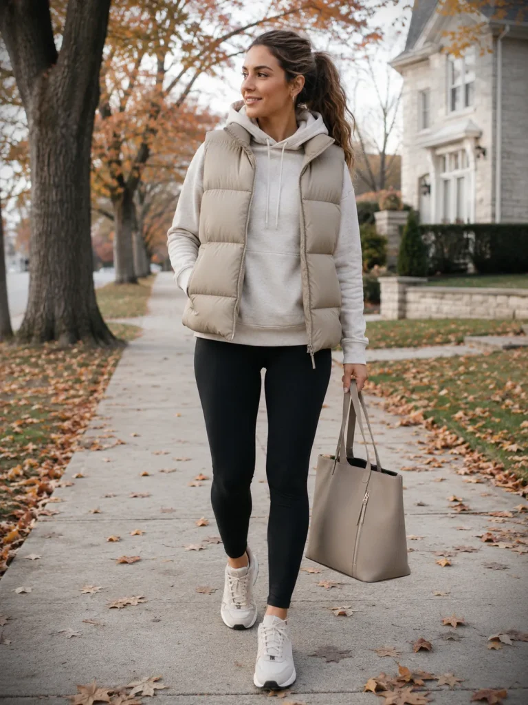 Woman wearing a puffer vest, hoodie, black leggings, sneakers, and tote for a casual late fall outfit.