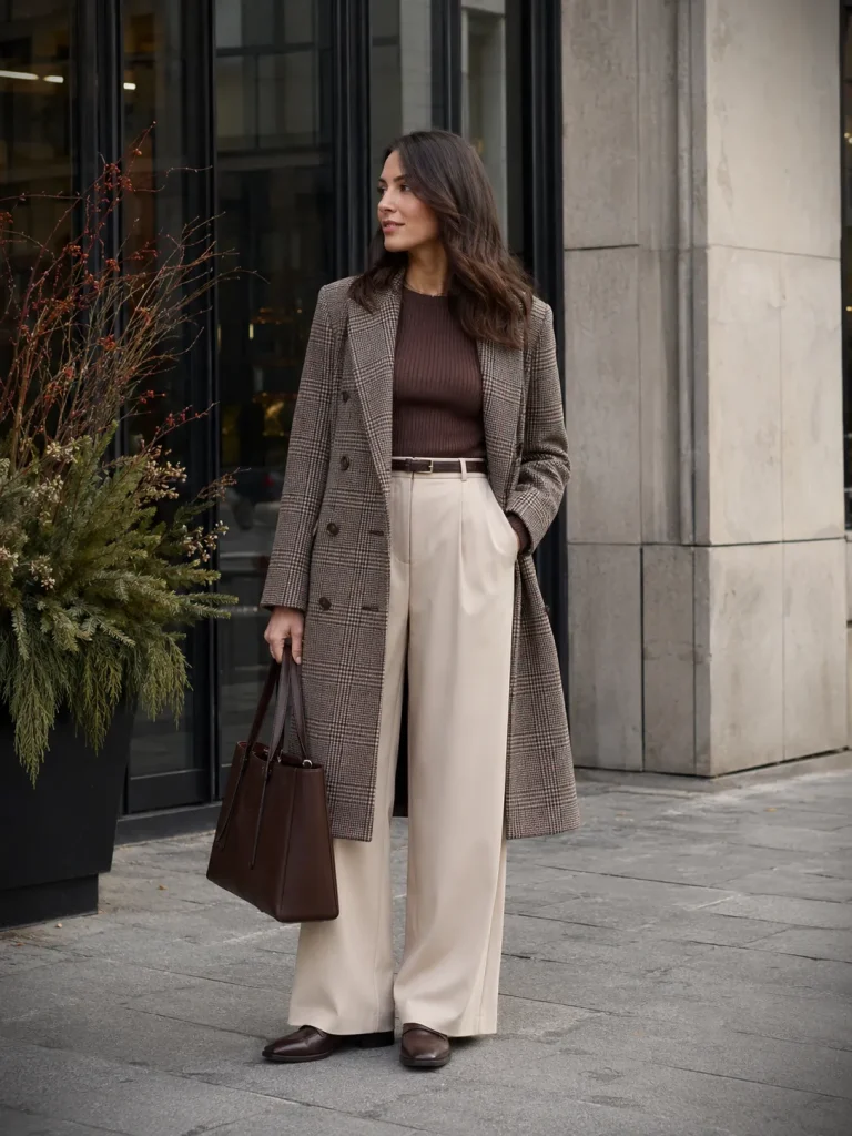 Woman wearing a plaid coat, fitted knit top, wide-leg trousers, loafers, and structured tote for late fall.