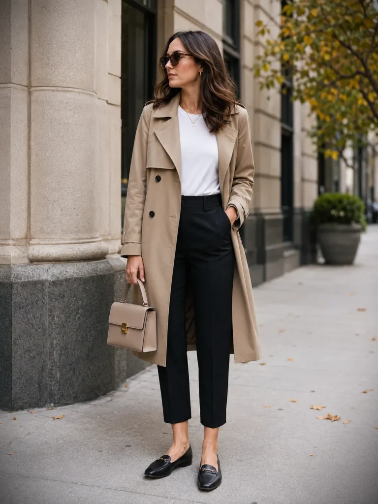 Woman wearing a trench coat, white tee, ankle pants, flats, and top-handle bag for a mid-fall outfit.