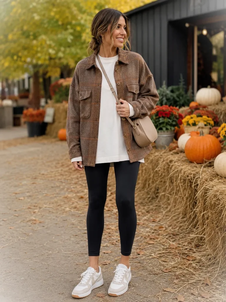 Woman wearing a shacket, long white tee, black leggings, sneakers, and crossbody bag for a casual fall outfit.
