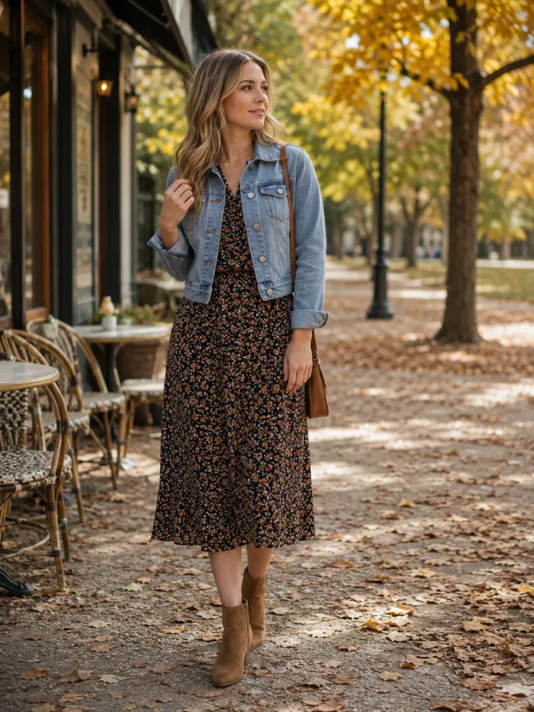 Woman wearing a midi dress, cropped denim jacket, ankle boots, and shoulder bag for an early fall outfit Ideas for Women.