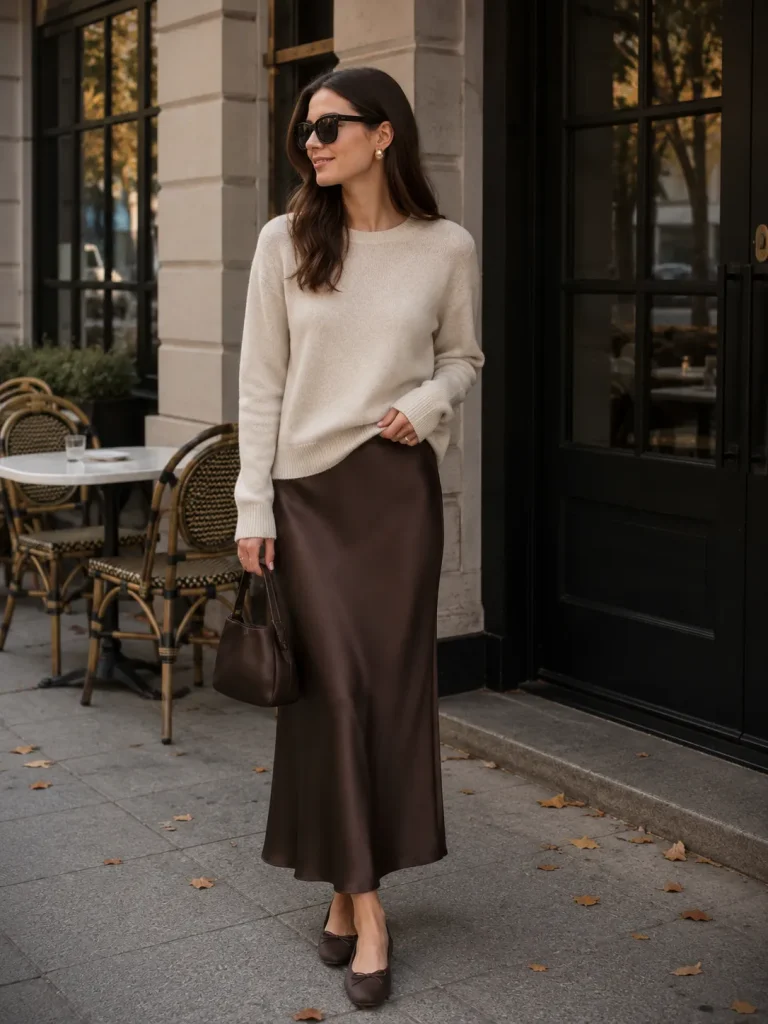 Woman wearing a lightweight sweater, slip skirt, ballet flats, and mini bag for an early fall brunch outfit.