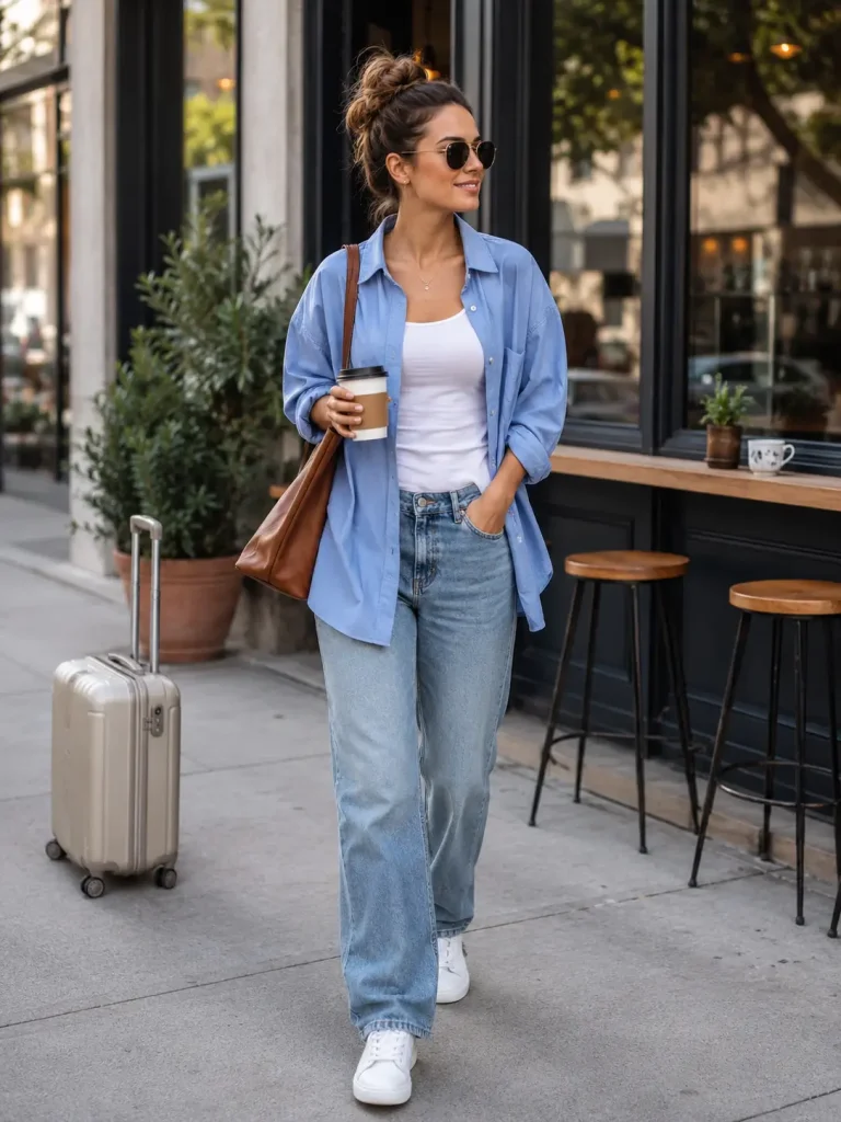 Relaxed jeans styled with a blue button-down shirt, white tank, white sneakers, and roomy tote.