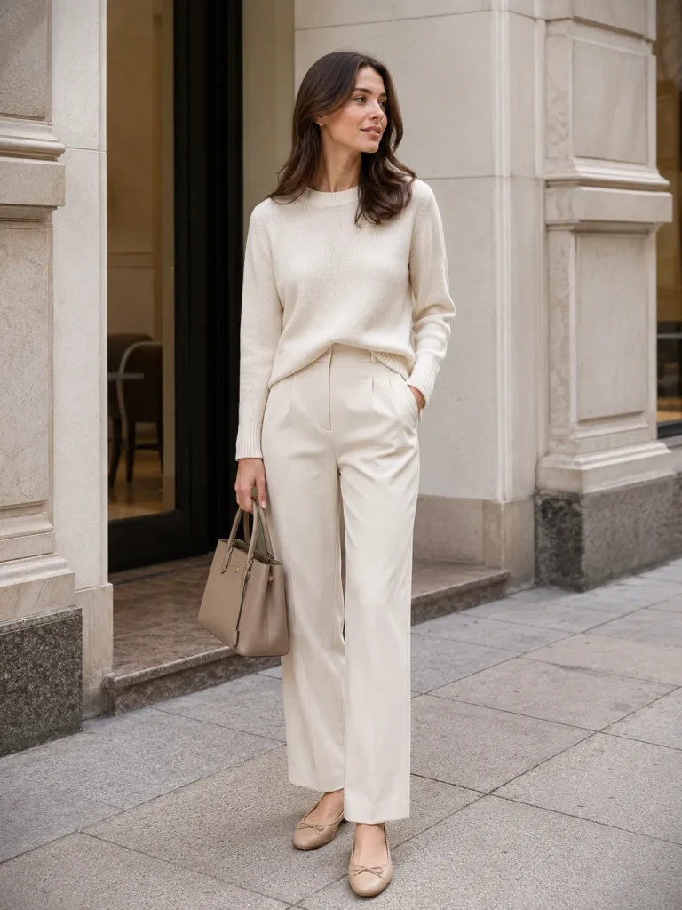 Woman wearing a monochrome cream outfit with knit top, straight-leg pants, beige flats, and tan handbag.