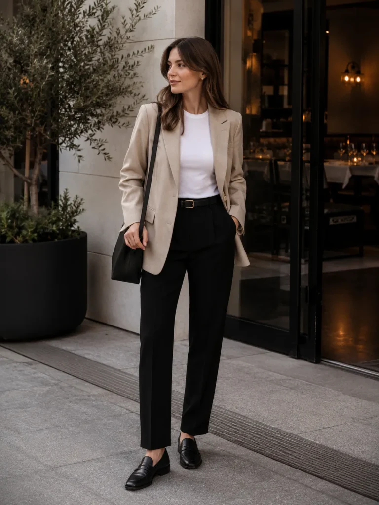 Woman wearing a beige blazer, white tee, black trousers, loafers, and structured shoulder bag for an old money work outfit.