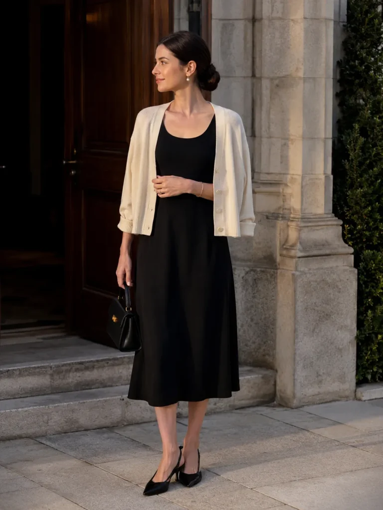 Woman wearing a black midi dress with cream cardigan, slingback flats, pearl-style earrings, and structured handbag.