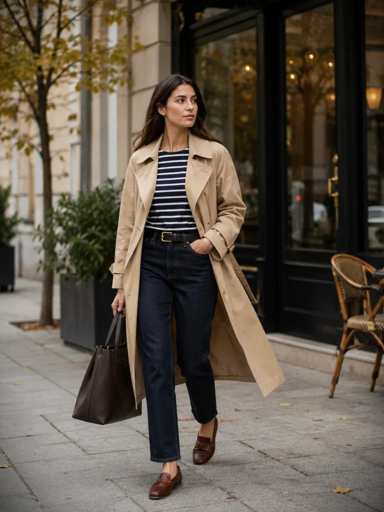 Woman wearing a beige trench coat, dark jeans, striped tee, loafers, and structured tote for a fall old money outfit