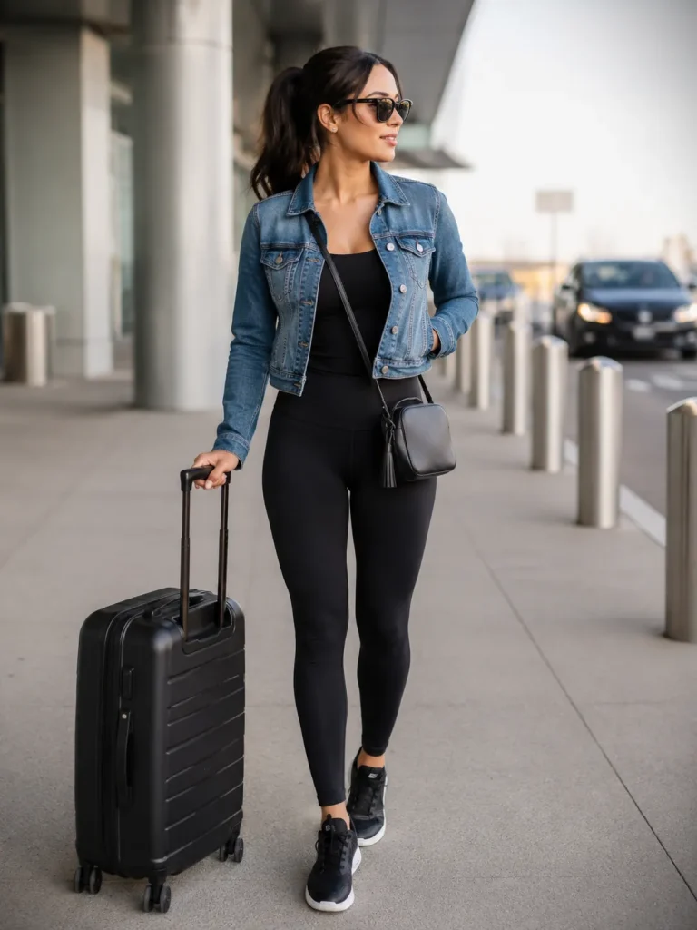 Petite woman wearing black leggings, fitted tank, cropped denim jacket, slim sneakers, and crossbody ba