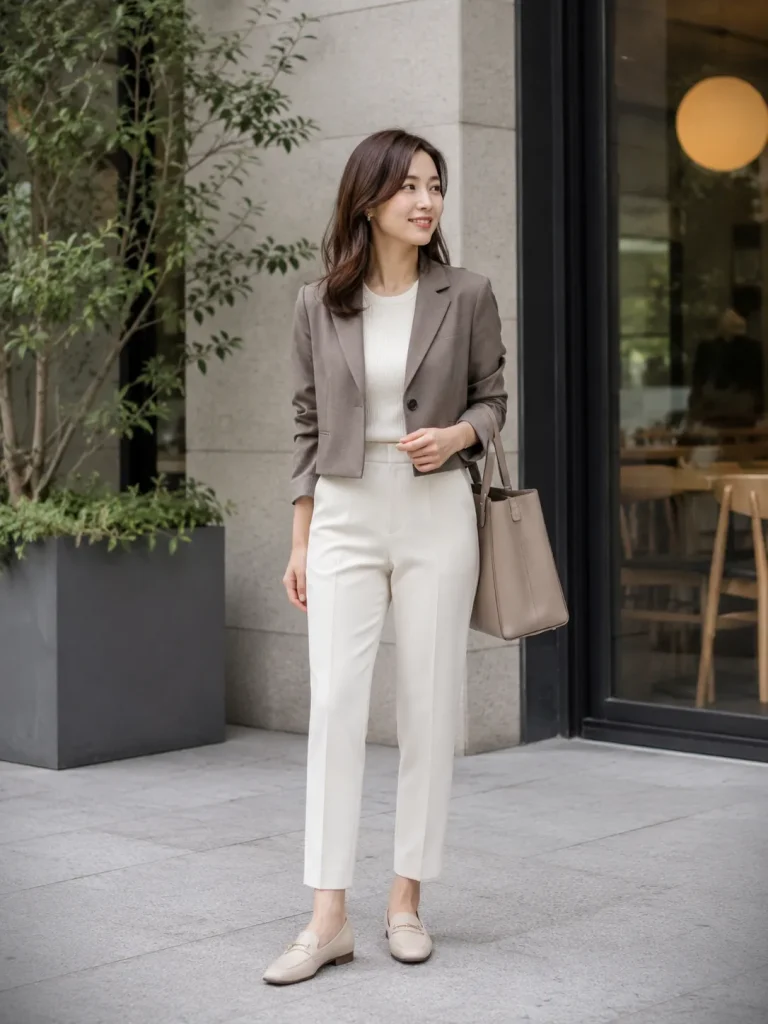 Petite woman wearing a cropped blazer, fitted knit top, ankle pants, loafers, and work tote.