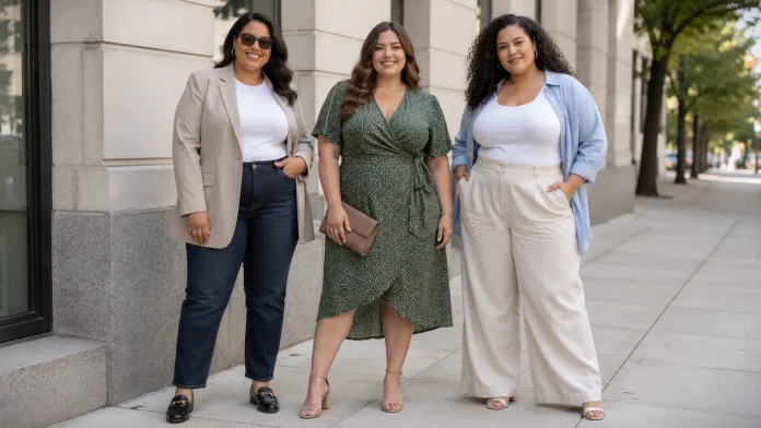 plus size outfit ideas with jeans, dress, blazer, and casual brunch looks for women