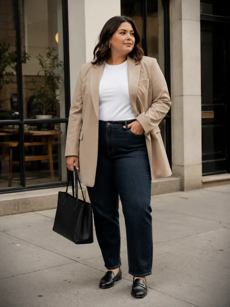 Plus size everyday outfit with straight leg jeans, fitted white tee, longline blazer, loafers, and structured tote.