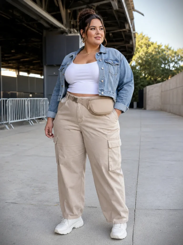 Plus size concert outfit with cargo pants, fitted tank, cropped denim jacket, sneakers, and belt bag